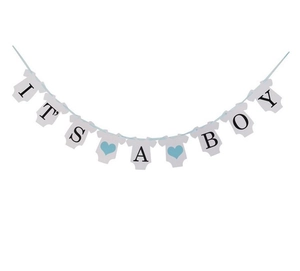 Striscione per baby shower It's a Boy con forme di tutine e accenti di cuori blu