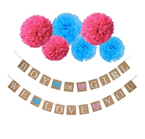 Dettaglio del set di striscioni Boy or Girl per baby shower con fiori di carta colorati