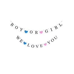 Boy or Girl and We Love You gender reveal banners with pink and blue hearts on white card