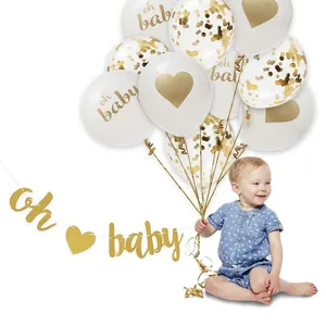 Goldenes OH BABY Glitzerbanner und weiße Luftballons Set für Babyparty Dekoration