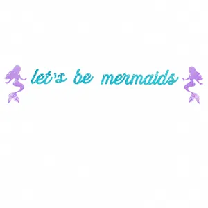Detail of glitter Let's Be Mermaids banner with purple mermaid silhouettes for parties