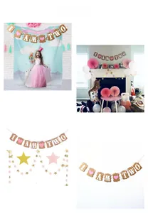 Détail de la bannière I AM TWO avec fond de château rose et guirlandes d'étoiles dorées
