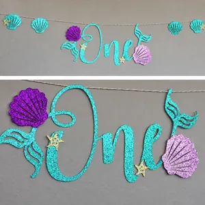 Glitter mermaid 1st birthday banner with teal shell and starfish party decorations