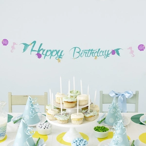 Bannière de Fête d'Anniversaire Sirène Décoration Suspendue en Papier Pailleté Thème Océan Coquillage Hippocampe Étoile de Mer Drapeau pour Anniversaire de Fille