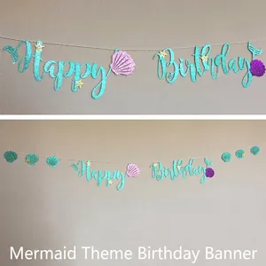 Banderole d'anniversaire sirène pailletée avec coquillages et étoiles de mer déco