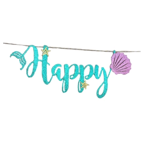 Banderole de fête sirène 'Happy' à paillettes avec queue de poisson et étoile de mer