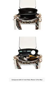 Detail view of the multi-compartment interior showing storage for phone and daily items