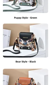 Detail view of mini crossbody bags with animal prints, gold chains and silk scarves