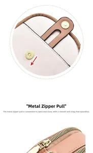 Detail of light gold magnetic snap button and metallic zipper on PU leather bag