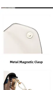 Detail of hardware magnetic clasp and patterned lining on a white crossbody phone bag