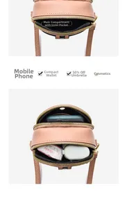 Detail of multi-layer crossbody bag showing capacity for phone, umbrella and essentials