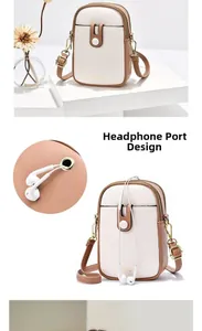 Detail showing the headphone hole design on a cream and brown PU leather crossbody bag