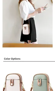 Close-up of white and green crossbody phone bags featuring decorative magnetic flap pockets