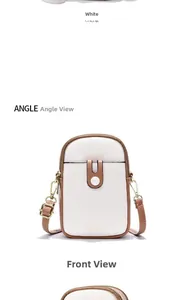 Front view of white crossbody phone bag with brown trim and gold metal hardware detail
