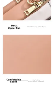 Detail of pink lychee texture leather and smooth golden metal hardware zipper on bag