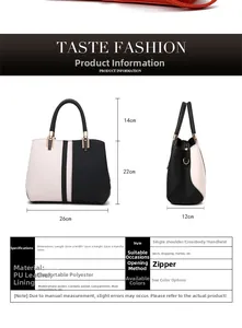 Detailed dimension view of two-tone PU tote bag measuring 26x12x22cm with handle info