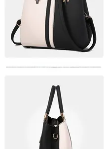 Detail view of large tote bag with color-block design and premium lychee texture