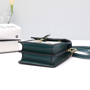 Detail view of stylish dual-layer crossbody bag in green and beige with gold hardware