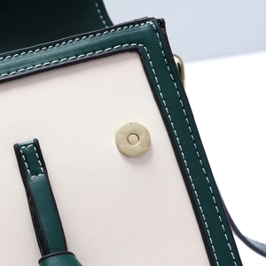 Detailed close-up of textured gold magnetic clasp on green and cream leather crossbody bag