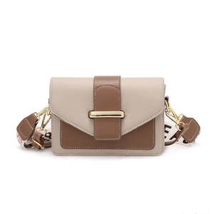 Minimalist beige and brown crossbody bag with gold metal buckle and printed wide strap
