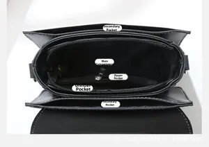 Vue intérieure du sac bandoulière noir montrant cinq compartiments et poches organisés