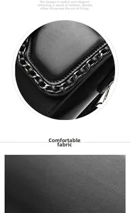 Detail of black pebbled leather texture and metal chain strap on minimalist handbag