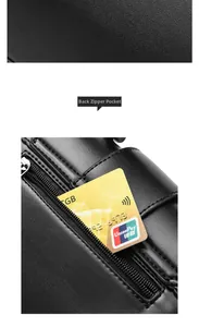 Close-up of the rear anti-theft zipper pocket on this black leather crossbody bag
