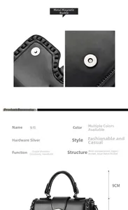 Detail view of black leather handbag featuring silver magnetic buckle and 9cm handle