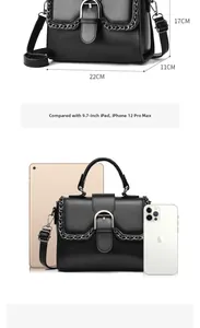 Size guide of black chain bag 22x17x11cm comparing capacity with iPad and iPhone