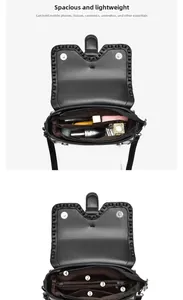 Detail view of the black leather bag interior showing five functional storage compartments
