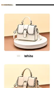 Close-up of white leather handbag with woven edge detail and metallic fastener