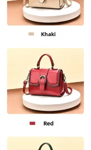Detail view of khaki and red chain-decorated flap bags with metallic hardware and top handles