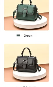 Detail view of retro chain crossbody bags in green and black on display stands