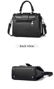 Detailed view of the handbag's back zipper pocket and bottom silver protective rivets