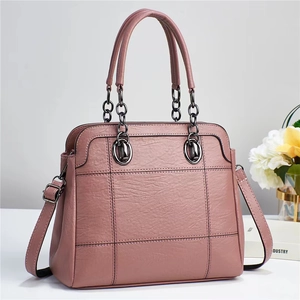 Pink lychee grain PU leather tote bag with quilted pattern and metal chain handle