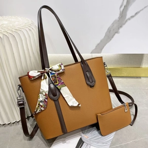 Brown lychee texture tote bag set with matching wallet and silk scarf decoration