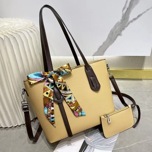 Litchi pattern beige tote bag set with silk scarf and matching purse, chic lifestyle view