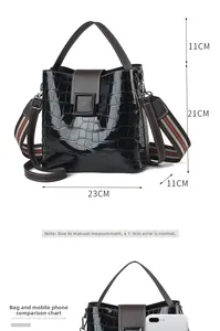 Detailed size chart of crocodile pattern bucket bag with strap measurements and dimensions