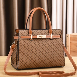 Elegant brown check handbag with gold hardware and removable shoulder strap for women