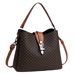 Retro Eimer-Handtasche mit geometrischem Druck, Ledergriffen und silberner Schnalle