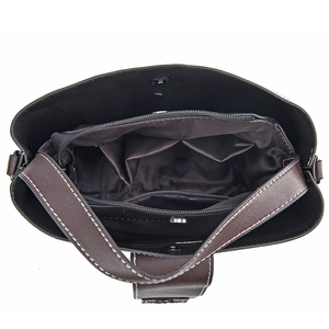 Brown patent leather bucket bag with spacious interior compartments and contrast stitching