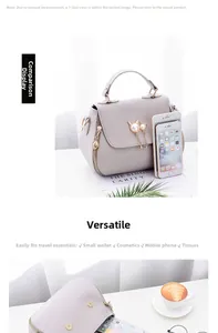 Detailed comparison of capacity and size for grey textured leather cat charm handbag