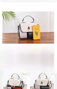 Compact multi-color crossbody bag with metallic drop lock shown next to a smartphone