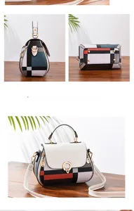 Detailed view of color-block geometric handbag showing front, side, and bottom views