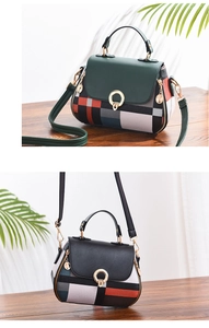 Detail of color-block plaid crossbody bags with round metal buckles and adjustable straps