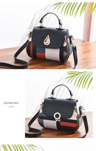 Detail of geometric pattern handbags with gold hardware and removable shoulder straps