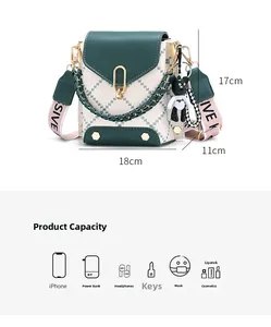 Detail view of mini quilted crossbody bag showing 18x11x17cm size and daily storage capacity