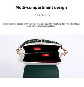 Detail view of mini crossbody bag with dual main compartments and green woven strap