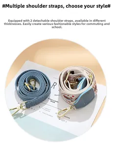 Details von zwei abnehmbaren Schultergurten aus blauem Leder und gestreiftem Webmuster