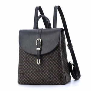 Women Fashion Backpack PU Leather Flap Geometric Print Casual Commute Vintage British Style Large Capacity Shoulder Bag